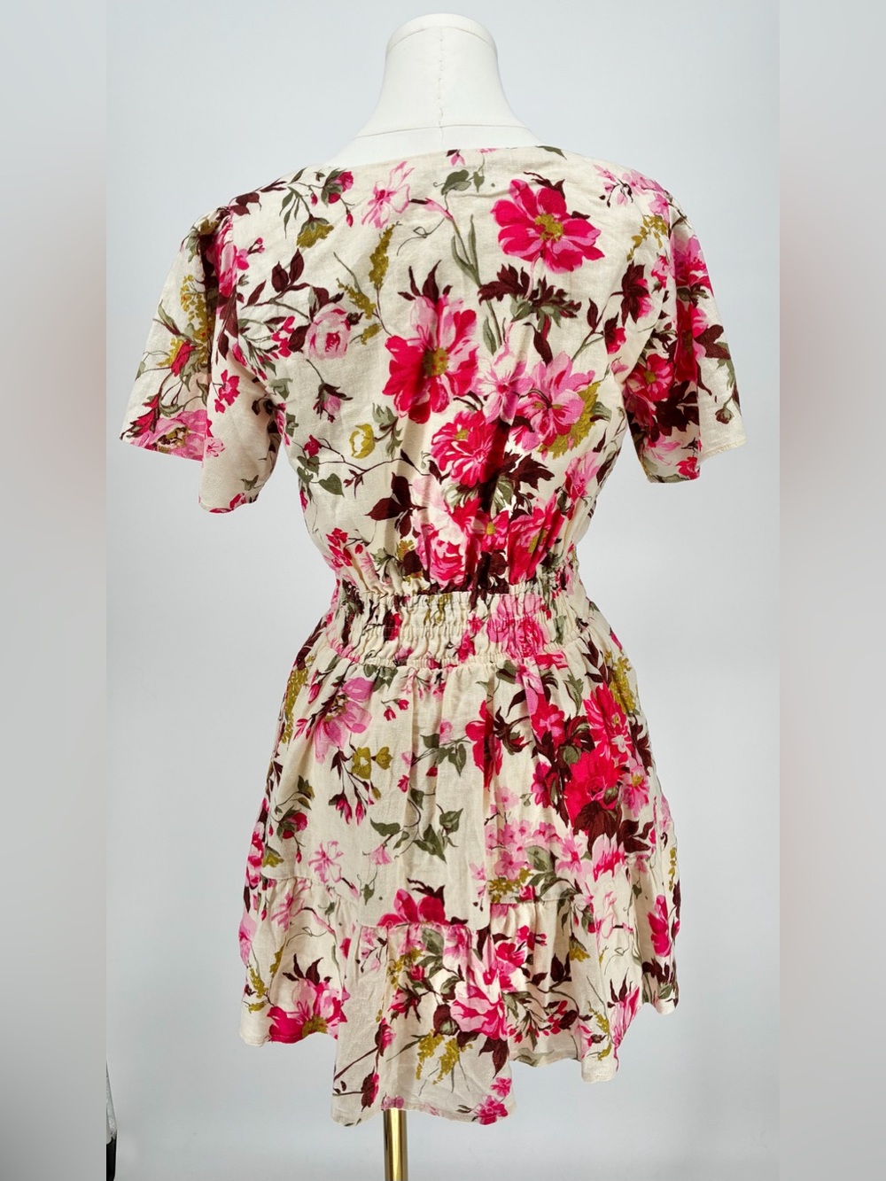 Abercrombie Floral Smocked Waist Linen Blend Flutter Sleeve Tiered Mini Dress SP - Picture 9 of 13